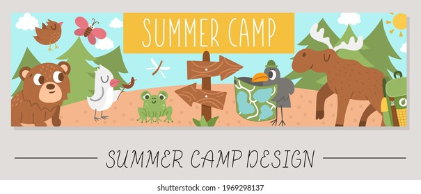 Cute Summer camp horizontal card with comic adorable forest animals in the woods. Vector adventure trip print template. Active holidays or local tourism bookmark or border banner design 
