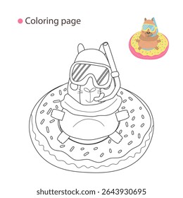 Cute summer capybara coloring page – cartoon animal on donut pool float with snorkel and goggles, plus corner color preview for kids' summer-themed creative fun.