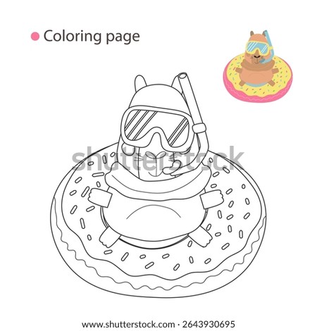 Cute summer capybara coloring page – cartoon animal on donut pool float with snorkel and goggles, plus corner color preview for kids' summer-themed creative fun.