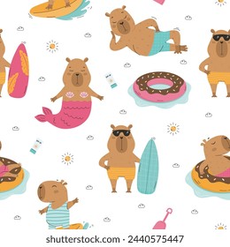 Cute summer capybaras seamless pattern