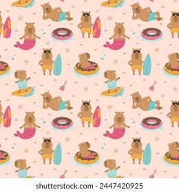 Cute summer capybaras seamless pattern