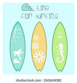 Cute summer card. Beautiful summer poster with surfboards and hand written text. Journal card. Surfing poster background. Vector illustration.