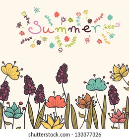 Cute summer card with colorful imaginary flowers. Vector illustration.