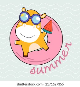 Cute summer card with a hippopotamus on an swimming circle. Lettering summer. Summer banner. Modern hand drawn vector.