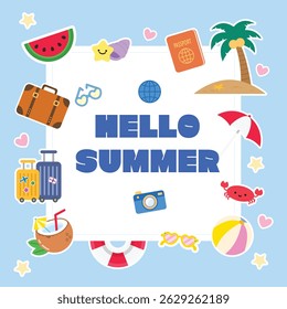 Cute summer card illustration with travel and beach elements like suitcase, coconut, sunglasses, palm tree, and lifebuoy in flat cartoon style.