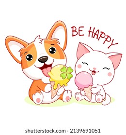 Cute summer card in kawaii style. Little friends - corgi puppy and kitty with ice cream. Inscription Be happy. Can be used for t-shirt print, stickers, greeting card design. Vector illustration EPS8