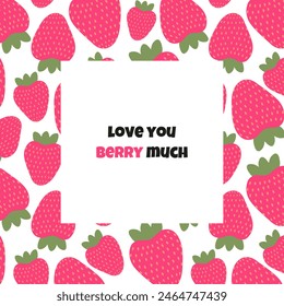 Cute summer card with pink strawberries and funny phrases. Vector illustration on a white background