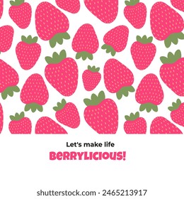 Cute summer card with pink strawberries and funny phrases. Vector illustration on a white background