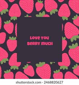 Cute summer card with pink strawberries and funny phrases. Vector illustration on a dark background