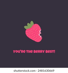 Cute summer card with pink strawberries and funny phrases. Vector illustration on a dark background