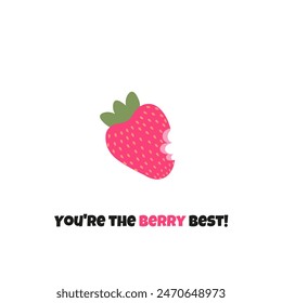 Cute summer card with pink strawberry and funny phrases. Vector illustration on a white background