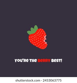 Cute summer card with strawberries with funny phrases. Vector illustration on a dark background