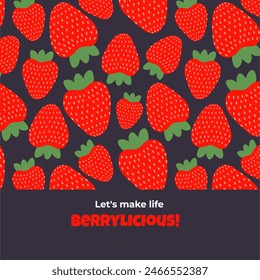 Cute summer card with strawberries with funny phrases. Vector illustration on a dark background	
