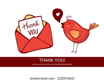 Cute summer card. Vector cartoon illustration with red bird says. red speech bubble with heard. space for text.envelope with a letter. Inscription Hand drawing . lettering. Thank you