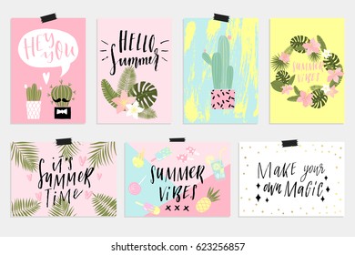 Cute Summer cards, posters set with cactus, palm tropical leave and inspirational lettering. Invitation, greeting card, friend letter, vacation flyer, bright colors background. Horizontal and vertical