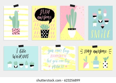 Cute Summer cards, posters set with cactus, palm tropical leave and inspirational lettering. Invitation, greeting card, friend letter, vacation flyer, bright colors background. Horizontal and vertical