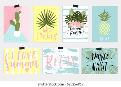 Cute Summer Cards, Poster mit Kakteen, tropischer Palmenurlaub und inspirierende Schriften. Einladung, Grußkarte, Freundschaftsbrief, Urlaubsflieger, helle Farben Hintergrund. Horizontal und vertikal