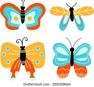 Cute summer cartoon butterflies and moths set vector illustration. Spring bright colors for decoration. 