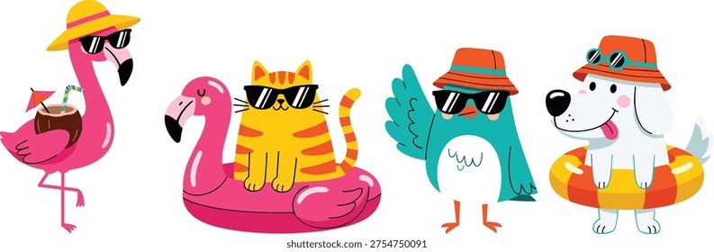 Cute summer cartoon characters collection with flamingo drinking coconut, cat on pool float, bird with hat, and dog in lifebuoy, colorful vacation vector.