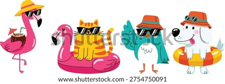 Cute summer cartoon characters collection with flamingo drinking coconut, cat on pool float, bird with hat, and dog in lifebuoy, colorful vacation vector.