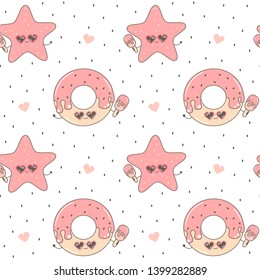 cute summer cartoon seamless vector pattern background illustration with donut and starfish with ice cream