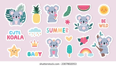 Cute Summer Cartoon Aufkleber mit Koalas und Inschriften. Vektorgrafik. 