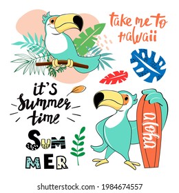 Cute summer cartoon toucans and tropical leaves collection. Vector illustration funny animals. Design for t-shirts for children, greeting card, posters and birthday party