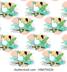 Cute summer cartoon toucans and tropical leaves seamless pattern. Vector illustration funny animals. Design for t-shirts, greeting card, posters and birthday party