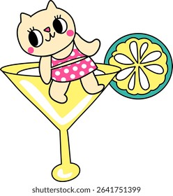 Cute summer  cat cartoon sitting on the lemon juice with lemon slice.