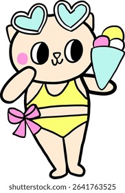 Cute summer cat cartoon in yellow bikini and sunglasses with ice cream