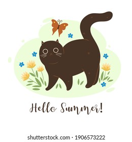 Cute summer cat and flowers. Vector graphics.