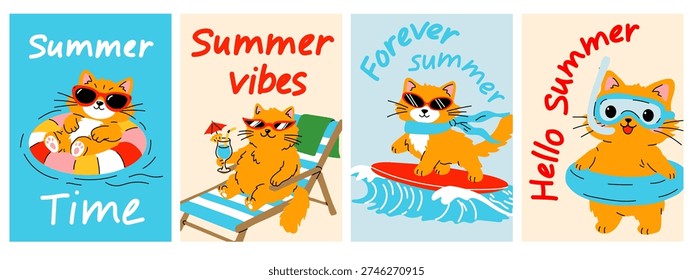 Cute Summer Cat Poster Collection Set