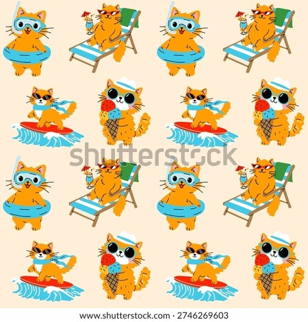 Cute Summer Cat Seamless Pattern Illustration