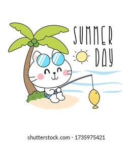 Cute summer cats fishing illustration