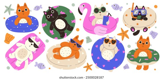 Lindos gatos de verano en anillos de natación inflables flotando dentro de la piscina disfrutando de vacaciones en el resort. Divertida mascota del gatito en gafas de sol, cóctel de beber, sensación de buceo Ilustración vectorial de placer