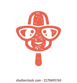 Cute summer character smiling ice cream on wooden stick wearing fashion sunglasses red grunge texture vector illustration. Funny happy frosted symbol of summertime vacation sweet delicious isolated
