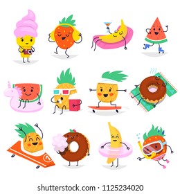 Cute summer characters having fun time, relaxed in typical summer situations. Vector elements for creating invitations, posters and greeting cards for summer parties