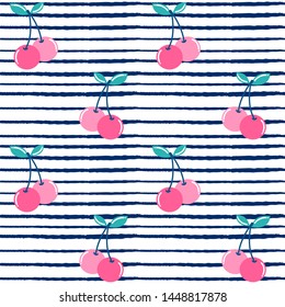 cute summer cherries seamless vector pattern illustration on blue and white striped background