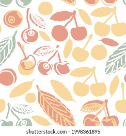 Cute summer childish seamless pattern of cherries. Vector outline doodle cartoon hand drawn design of red yellow green berries illustration on white background
