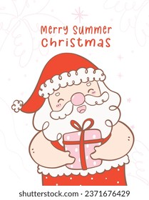 Cute summer christmas santa claus sunbathing, reading a name list with a heartwarming smile. Kawaii joyful Holiday Cartoon doodle hand drawing. Idea for greeting card, invitations, and more.