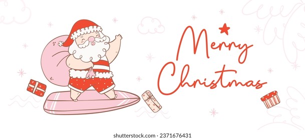 Cute summer christmas santa claus surfing with gifts, delivering presents with a heartwarming smile. Kawaii joyful Holiday Cartoon doodle hand drawing. Idea for greeting card, invitations, and more.