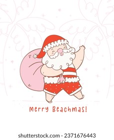 Cute summer christmas santa claus with sack, delivery gifts with a heartwarming smile. Kawaii joyful Holiday Cartoon doodle hand drawing. Idea for greeting card, invitations, and more.