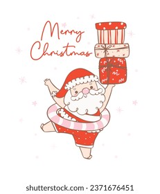 Cute summer christmas santa claus with gifts delivery gifts with a heartwarming smile. Kawaii joyful Holiday Cartoon doodle hand drawing. Idea for greeting card, invitations, and more.