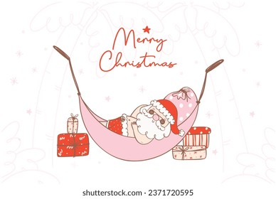 Cute summer christmas santa claus with gofts on a hammock, Kawaii joyful Holiday Cartoon doodle hand drawing. Idea for greeting card, invitations, and more.