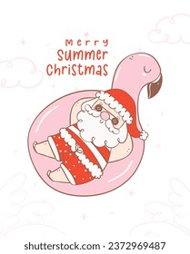 Cute summer christmas santa claus sunbathing on flamingo swim ring. Kawaii joyful Holiday Cartoon doodle hand drawing. Idea for greeting card, invitations, and more.