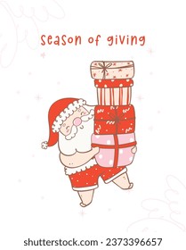 Cute summer christmas santa claus holding gifts with a heartwarming smile. Kawaii joyful Holiday Cartoon doodle hand drawing. Idea for greeting card, invitations, and more.