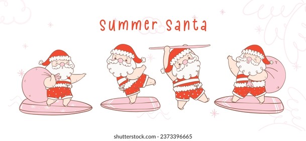 Cute summer christmas santa claus with surfboard collection, Kawaii joyful Holiday Cartoon doodle hand drawing banner. Idea for greeting card, invitations, and more.