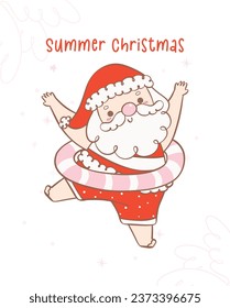 Cute summer christmas santa claus in swim ring with a heartwarming smile. Kawaii joyful Holiday Cartoon doodle hand drawing. Idea for greeting card, invitations, and more.