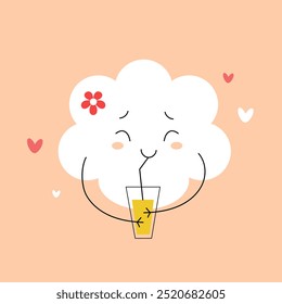 Nube de verano linda con una cara sonriente que sostiene la limonada. Ilustración vectorial