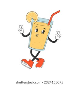 Cute summer cocktail in y2k groovy style. Lemonade cartoon character in trendy retro style. Isolated vector illustration